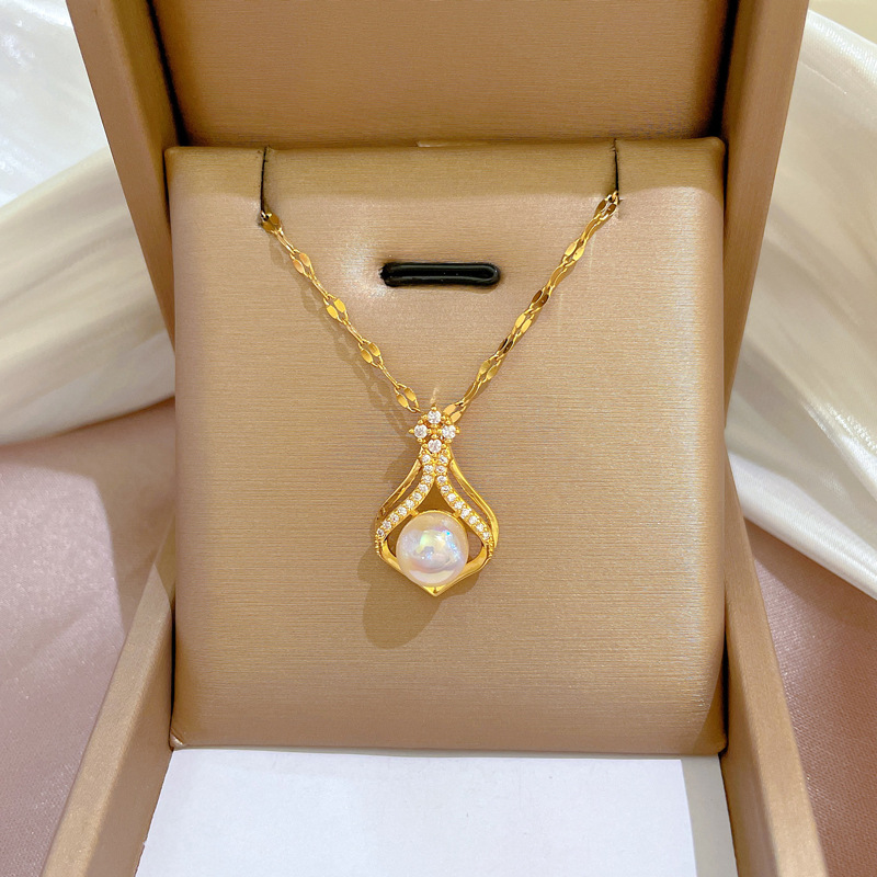 Pearl Trim Chain - Elegante Damen K14 Goldfarbene Perlenkette für