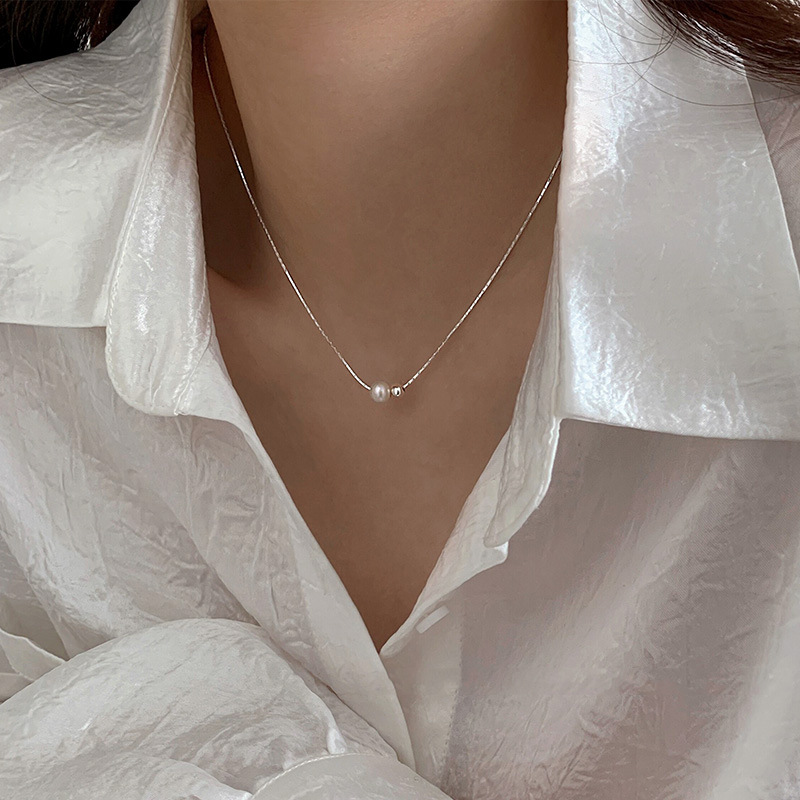 Pearl Trim Chain - Weihnachtsgeschenk, 925er Sterlingsilber, exquisite Perlenkette, französischer
